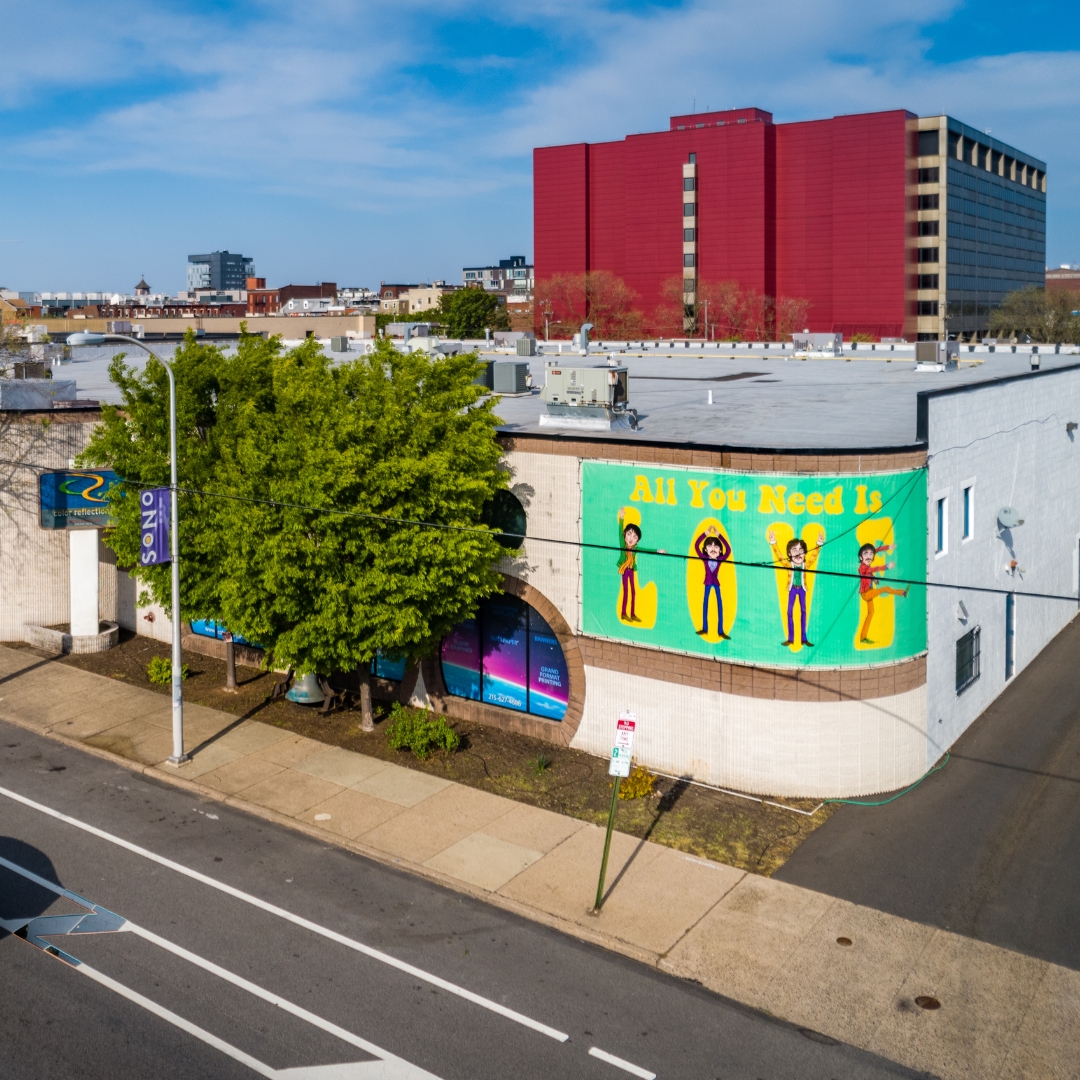 Aerial view of the Color Reflections Philadelphia headquarters and the surrounding N 5th Street block